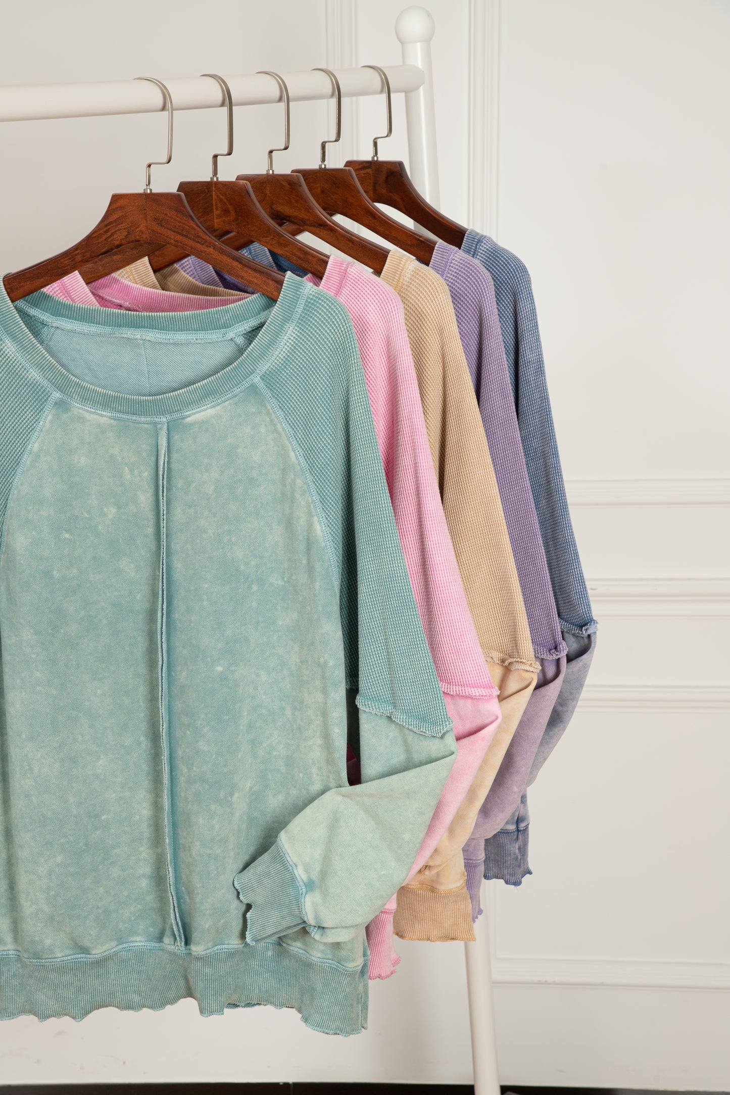 Mineral Blue Solid Waffle Knit Patchwork Raglan Sleeve Sweatshirt-Chaelisa's New Jammies