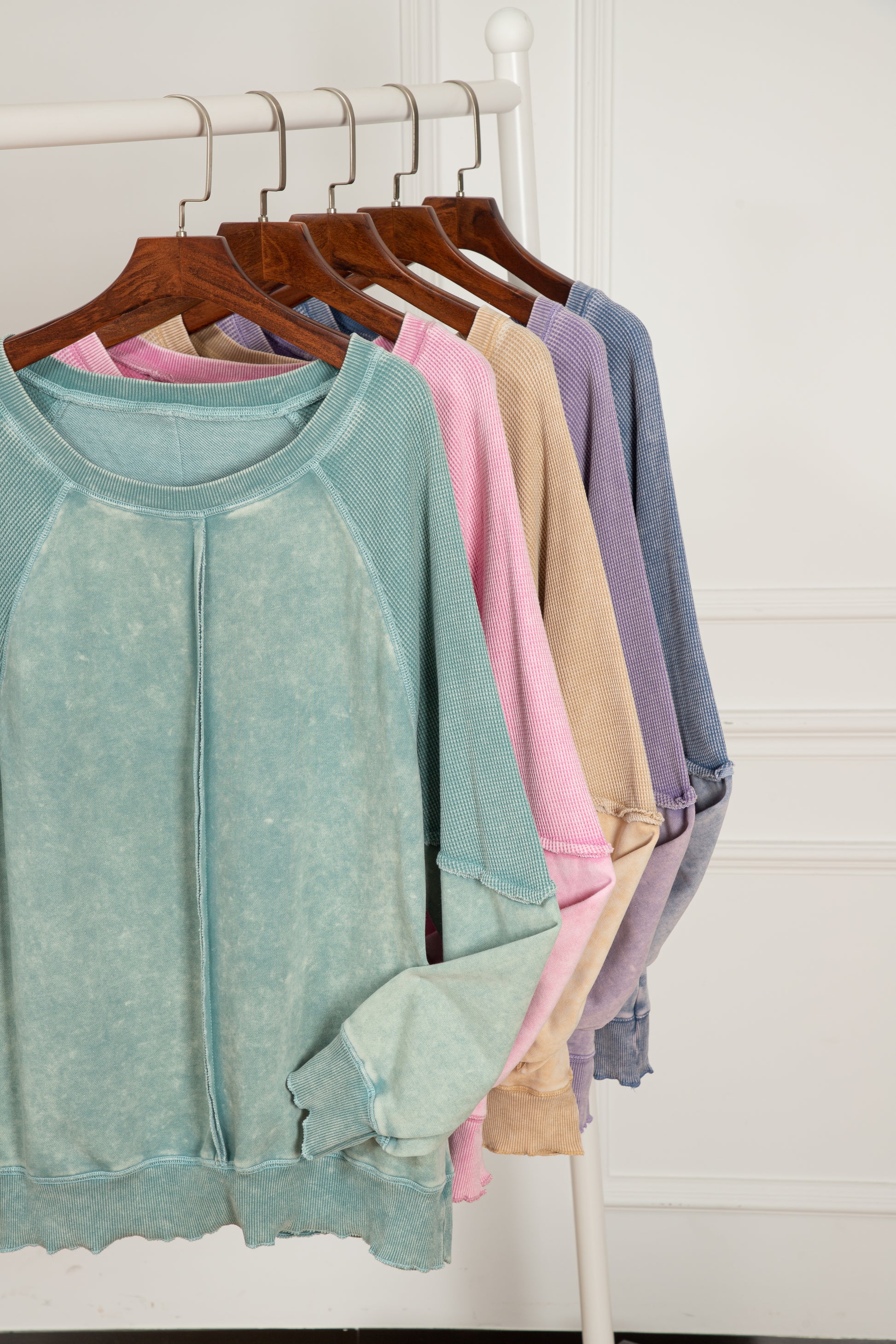 Mineral Blue Solid Waffle Knit Patchwork Raglan Sleeve Sweatshirt-Chaelisa's New Jammies