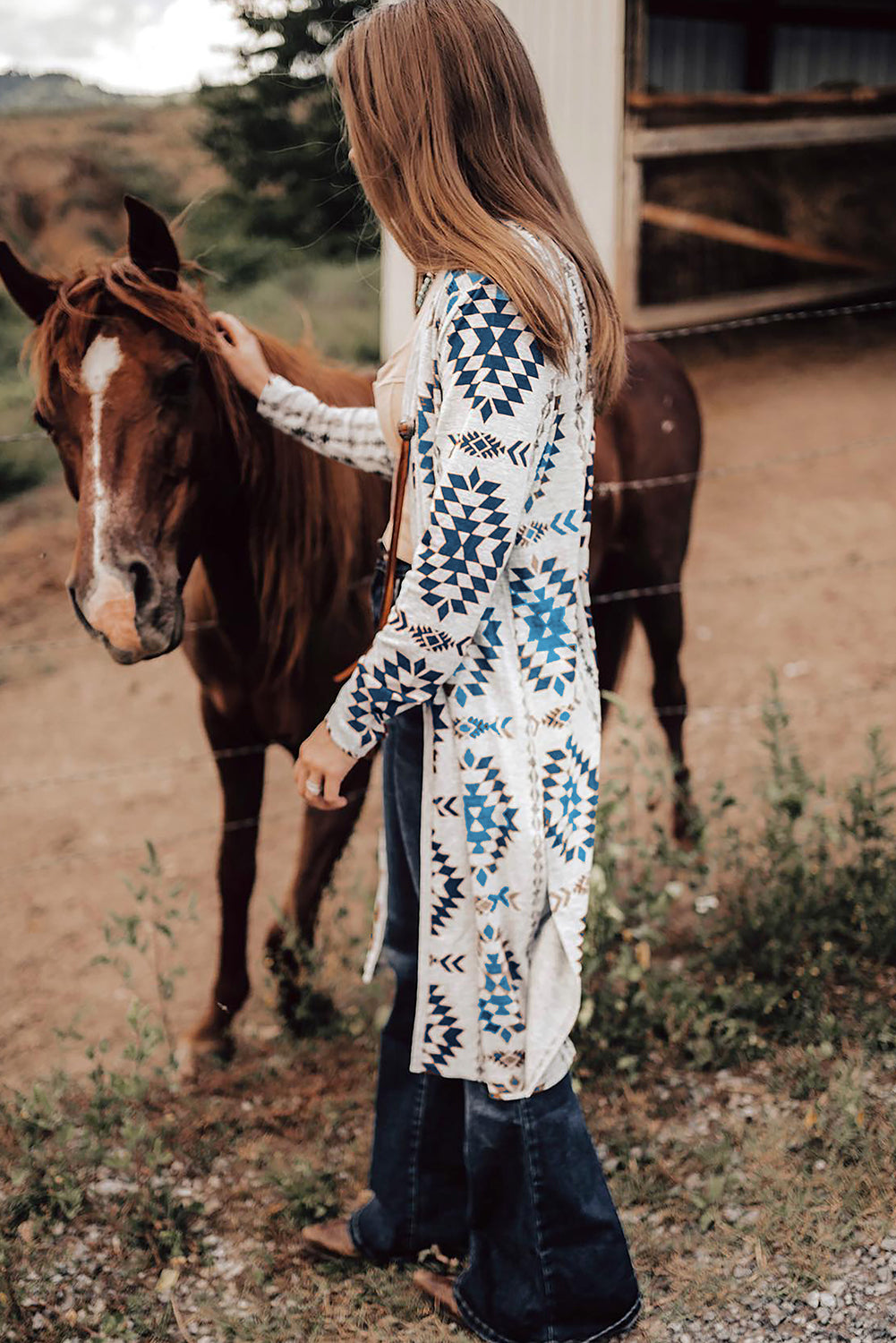 Sky Blue Western Aztec Printed Open Front Long Cardigan-Chaelisa's New Jammies