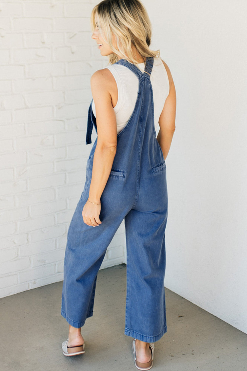 Prussian Blue Mineral Wash Knotted Strap Patched Pocket Wide Leg Denim Overalls-Chaelisa's New Jammies