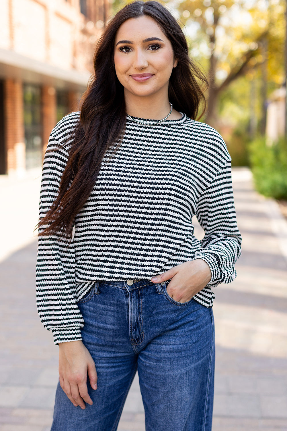 Black Stripe Round Neck Drop Shoulder Long Sleeve Top-Chaelisa's New Jammies
