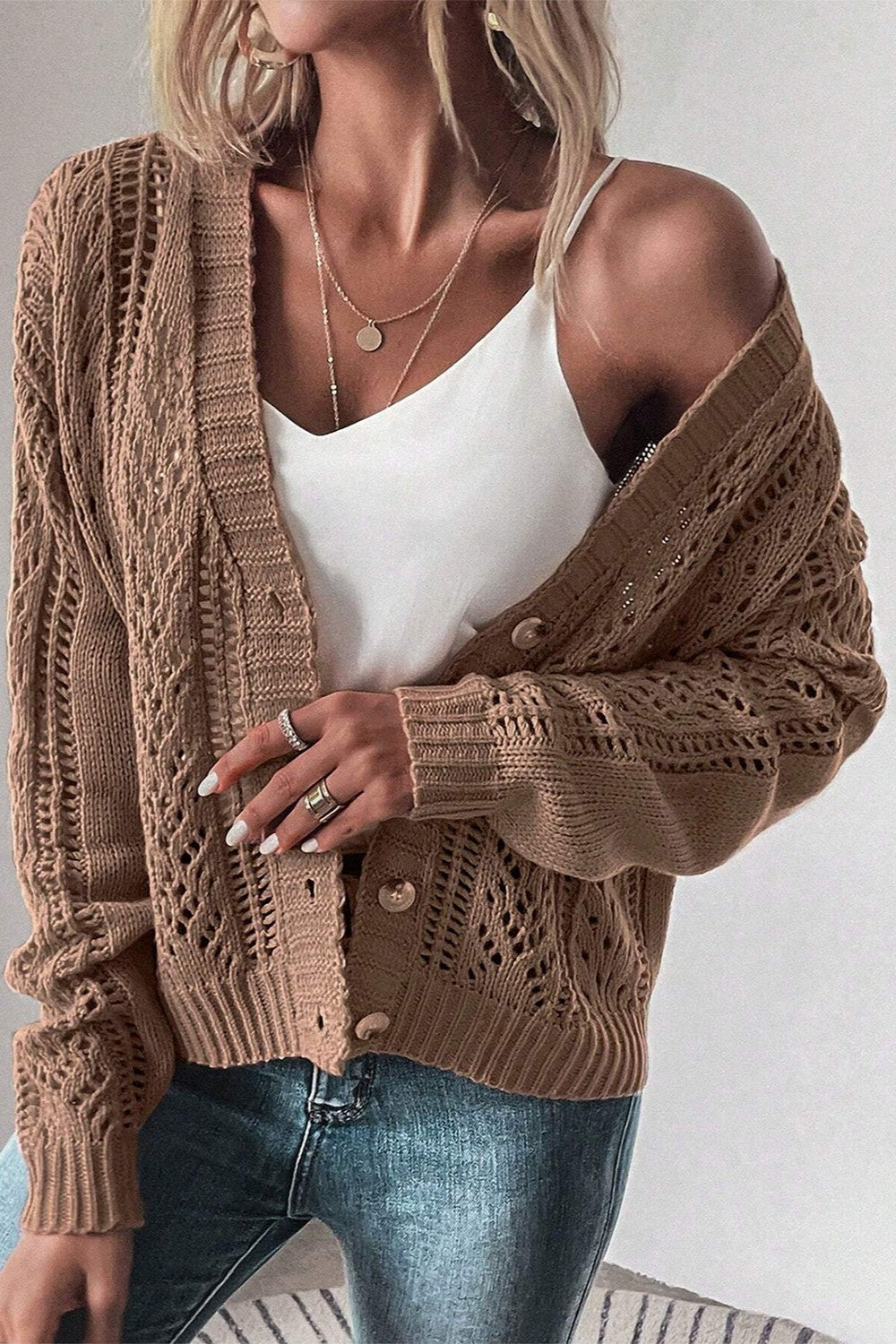 Openwork Button Up Long Sleeve Cardigan-Chaelisa's New Jammies