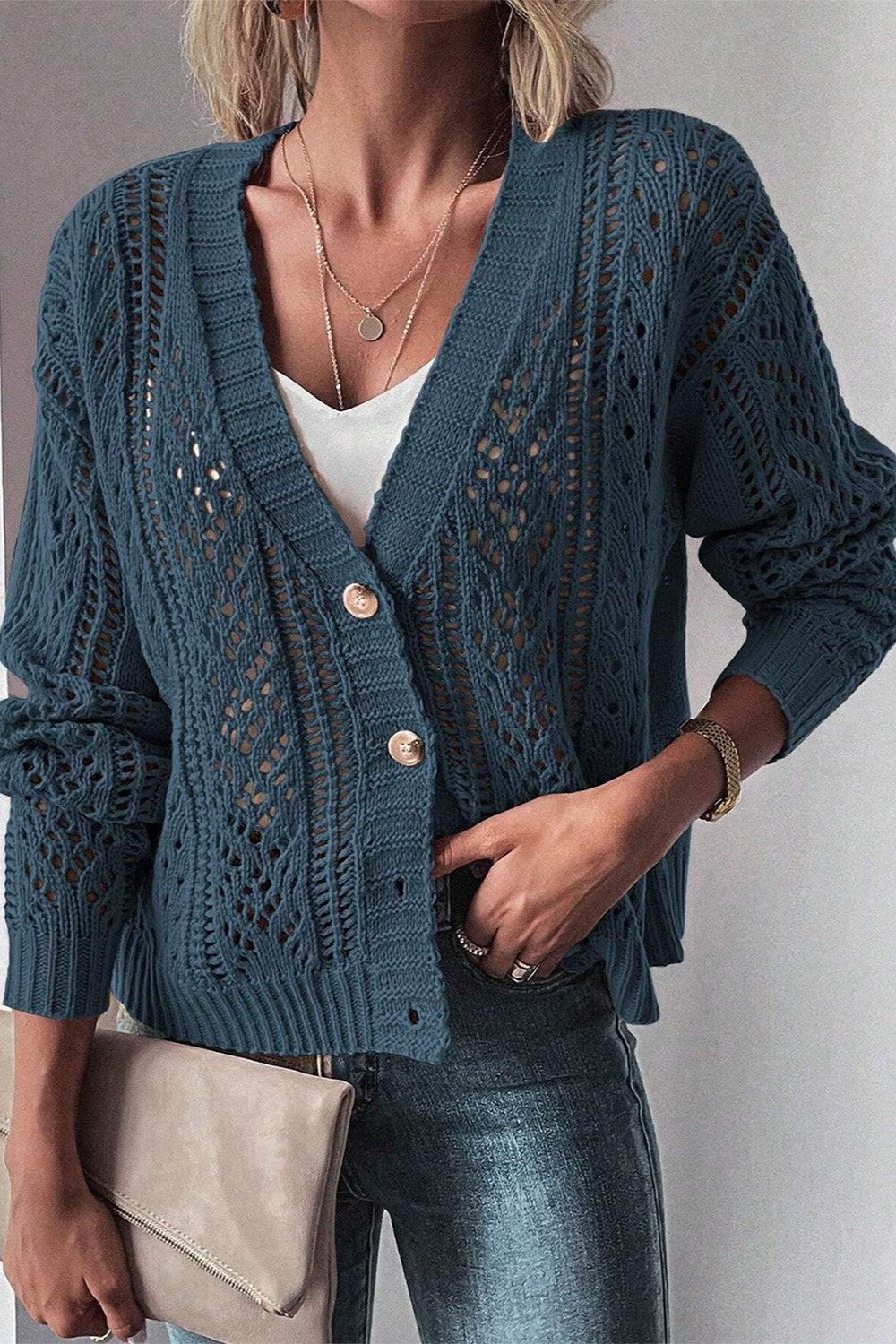 Openwork Button Up Long Sleeve Cardigan-Chaelisa's New Jammies