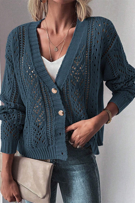 Openwork Button Up Long Sleeve Cardigan-Chaelisa's New Jammies
