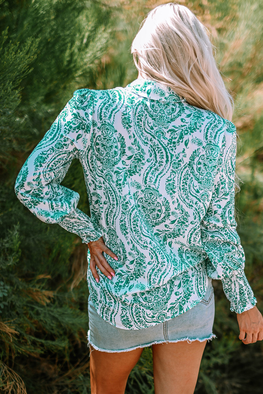Green Paisley Print Smocked Cuff Buttoned Loose Shirt-Chaelisa's New Jammies