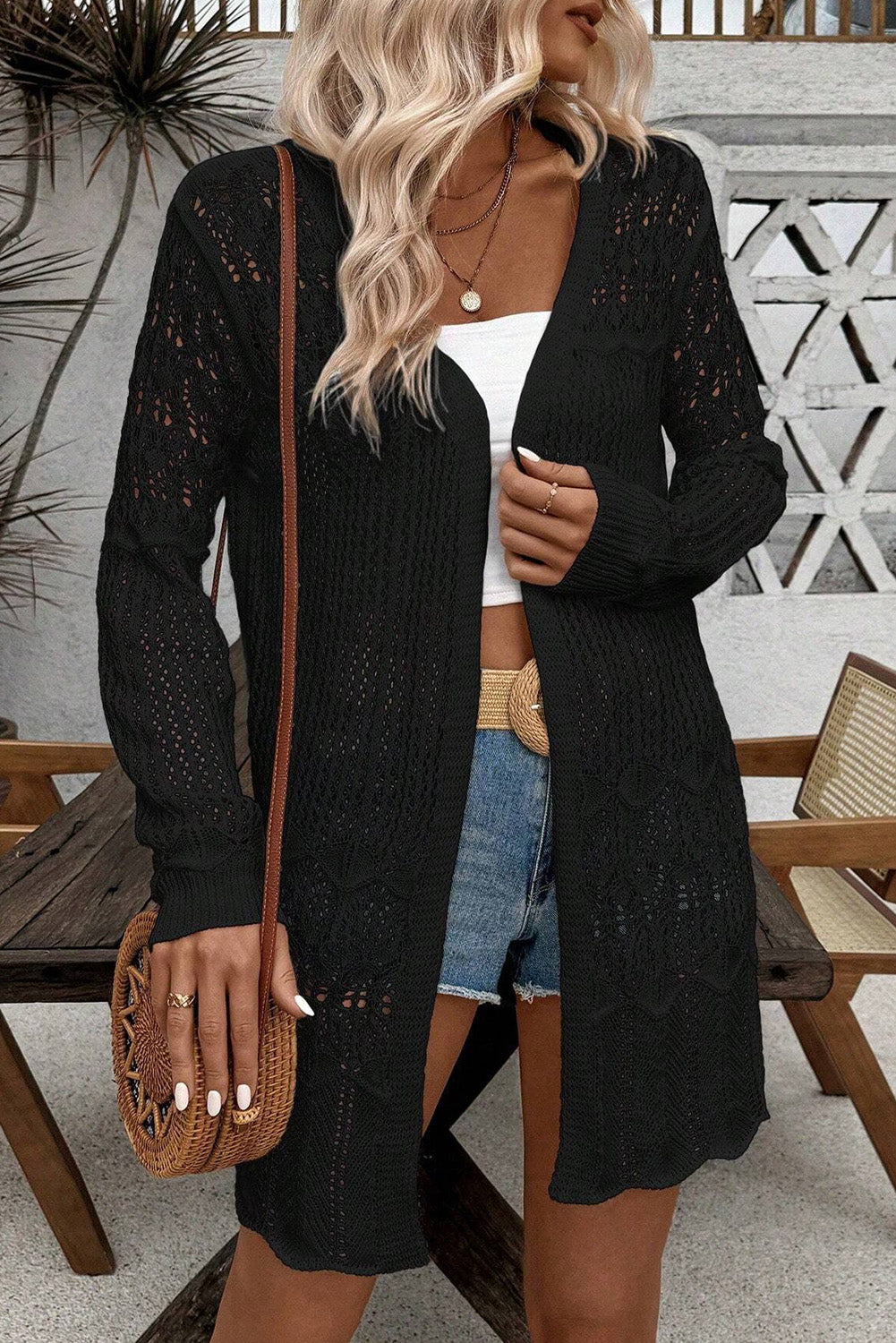 Black Crochet Hollow Out Open Front Cardigan-Chaelisa's New Jammies