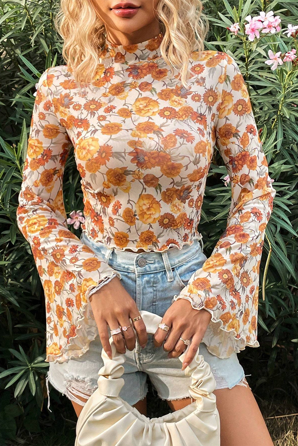 Orange Floral Printed Bell Sleeve Mock Neck Scallop Trim Blouse-Chaelisa's New Jammies