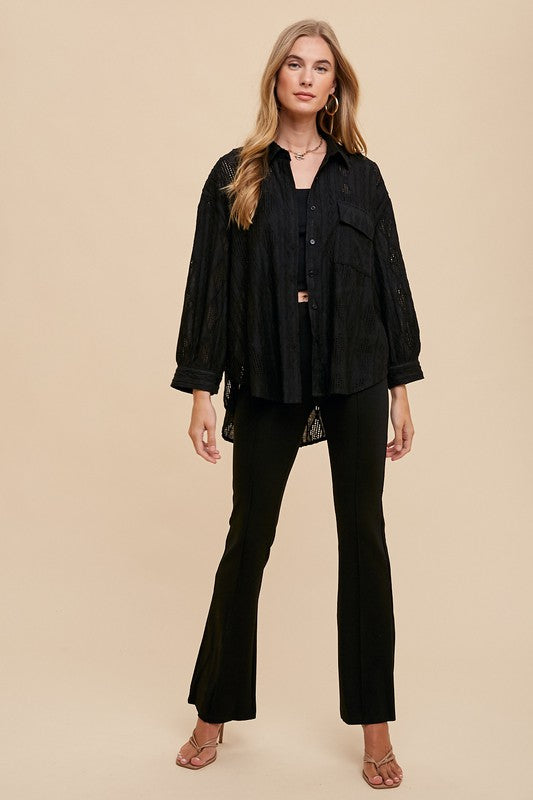 Annie Wear Openwork Button Down Drop Shoulder Shirt-Chaelisa's New Jammies