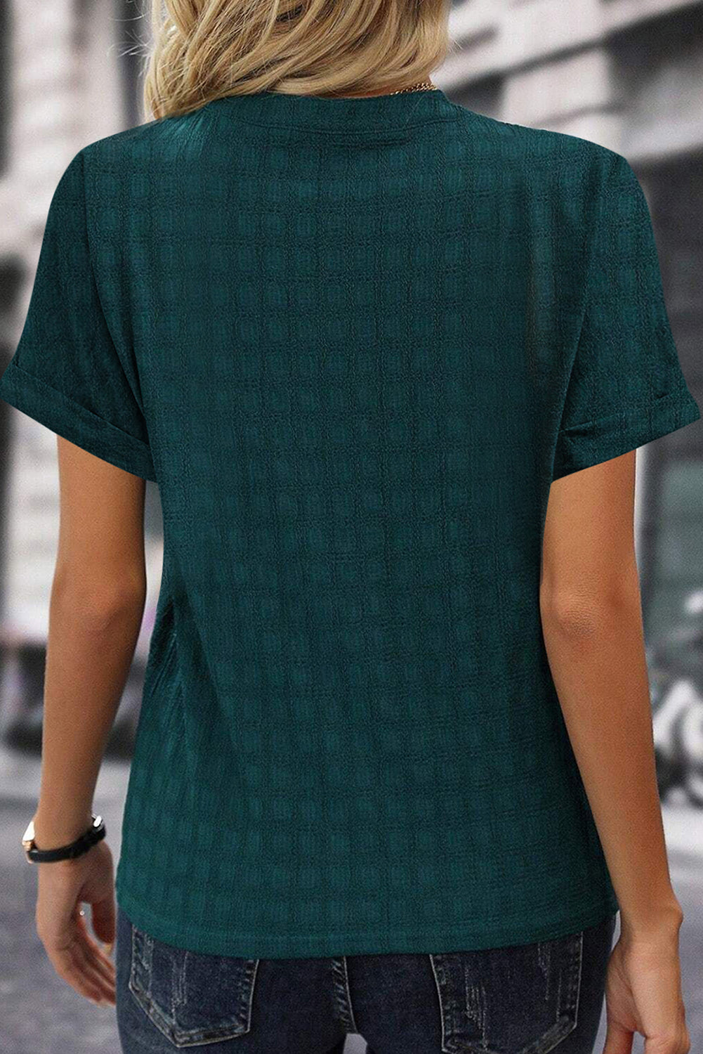 Sea Green Solid Textured Split Neck Short Sleeve Blouse-Chaelisa's New Jammies