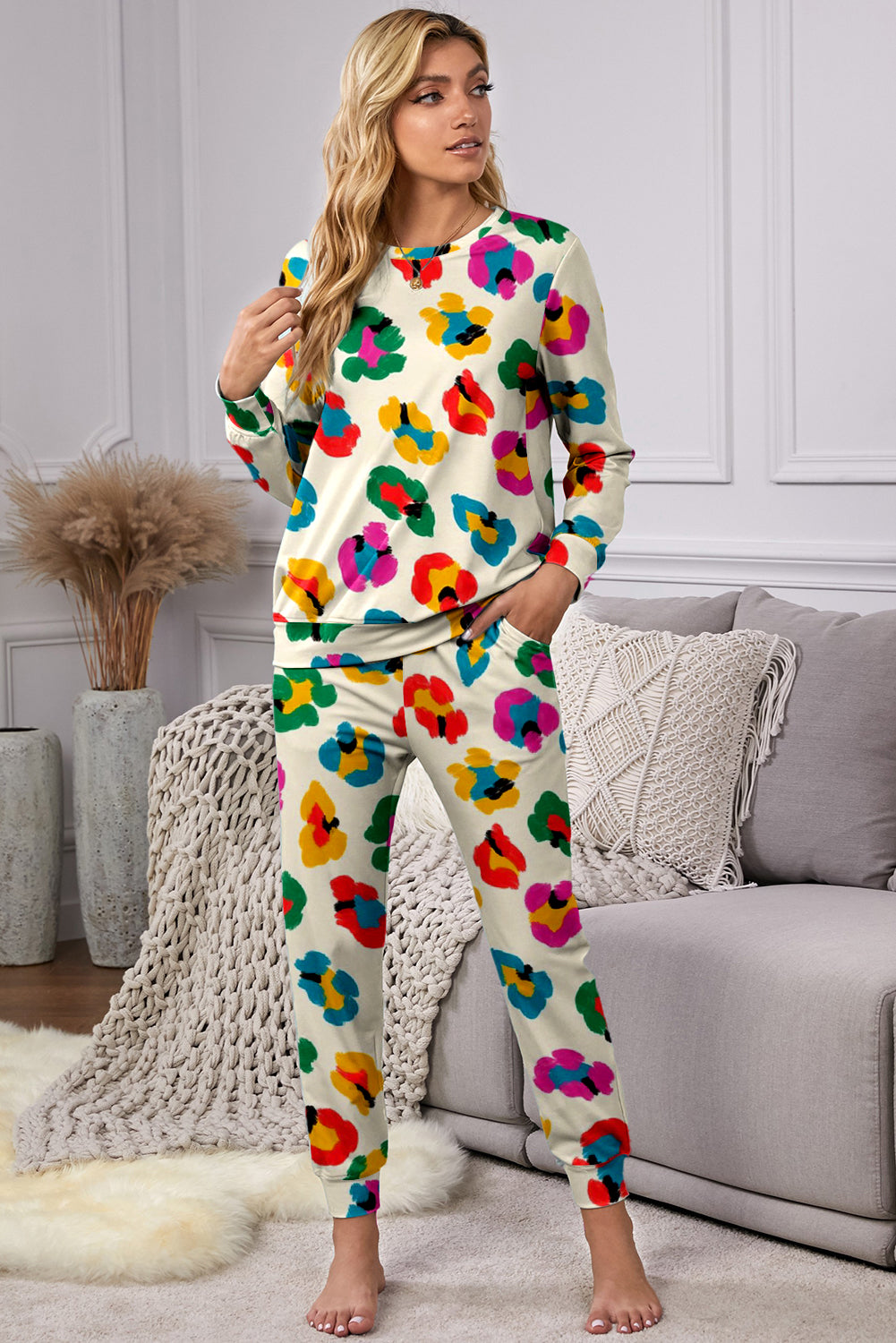 Apricot Leopard Print Long Sleeve Top and Skinny Pants Lounge Set-Chaelisa's New Jammies