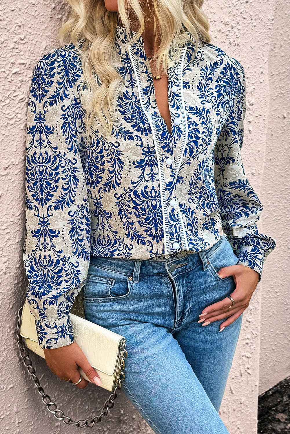 Sky Blue Bohemian Printed Bishop Sleeve Lace Shirt-Chaelisa's New Jammies