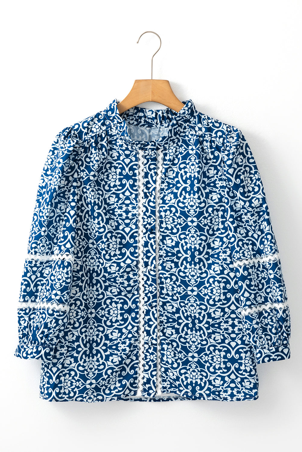 Blue Floral Ric-rac Patchwork Button Loose Fit Shirt-Chaelisa's New Jammies