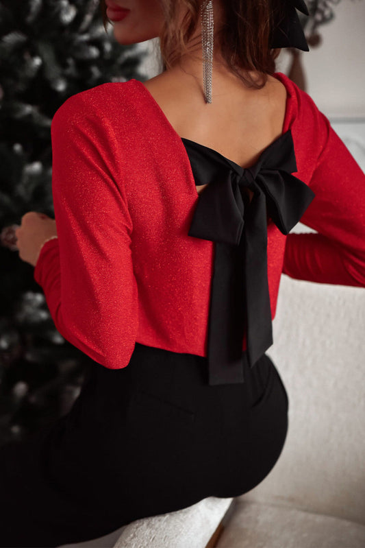 Racing Red Metallic Bowknot Open Back V Neck Top-Chaelisa's New Jammies