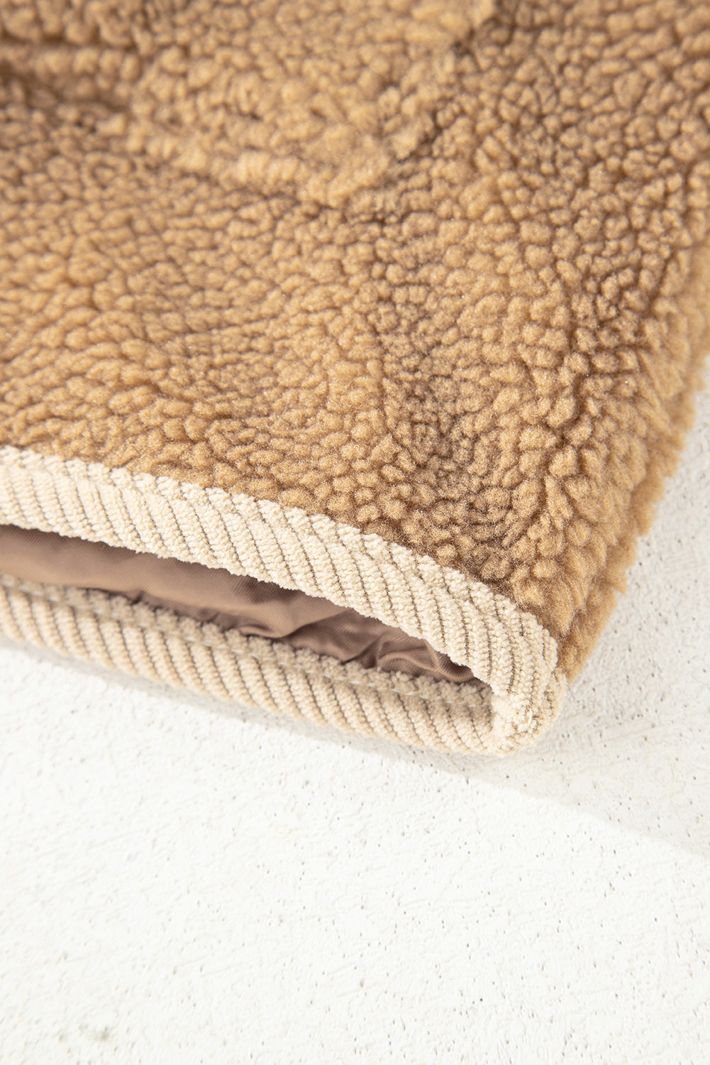 Light French Beige Puffy Plush Corduroy Edge Patchwork Jacket with Big Pockets