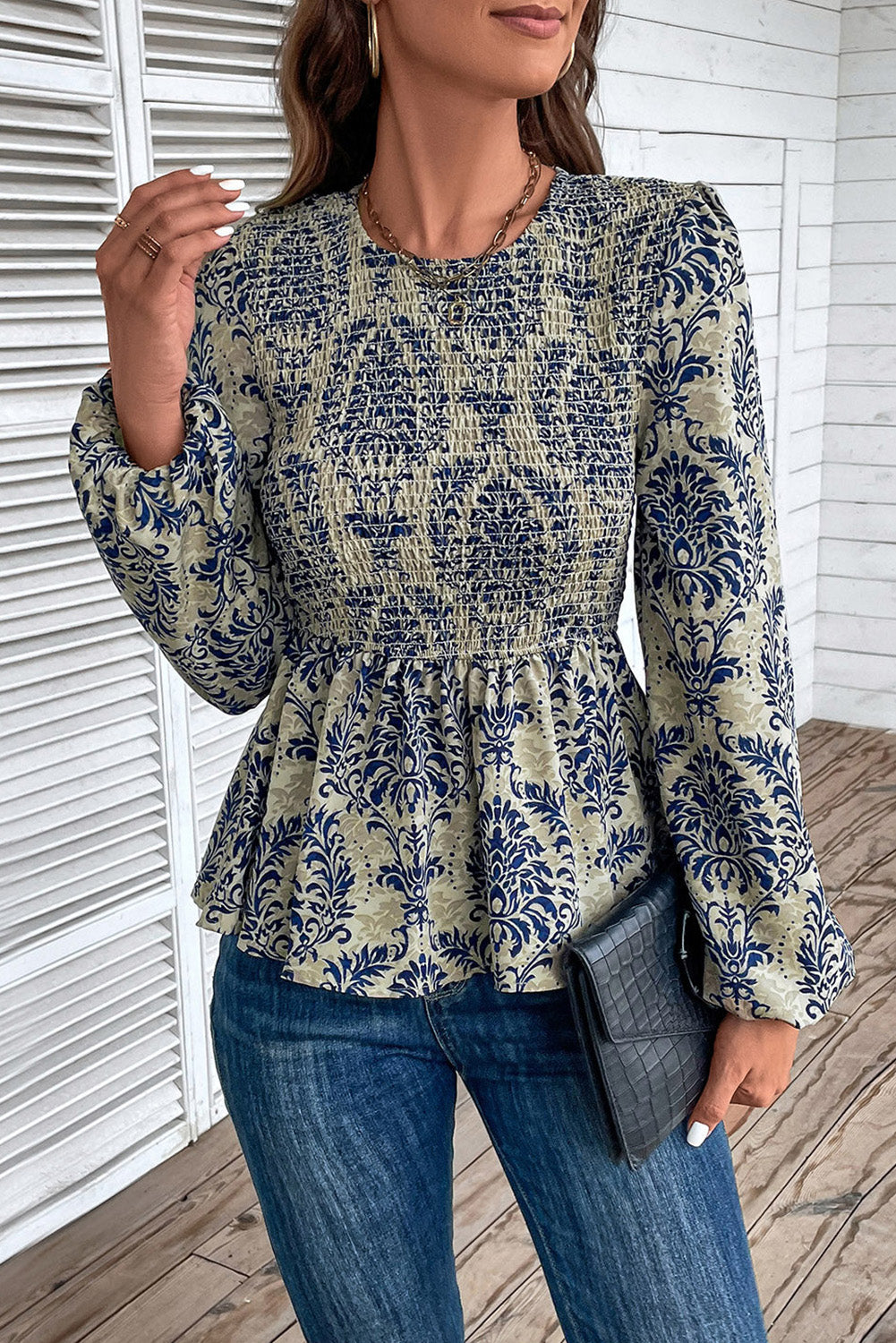 Sky Blue Boho Printed Balloon Sleeve Smocked Peplum Blouse-Chaelisa's New Jammies