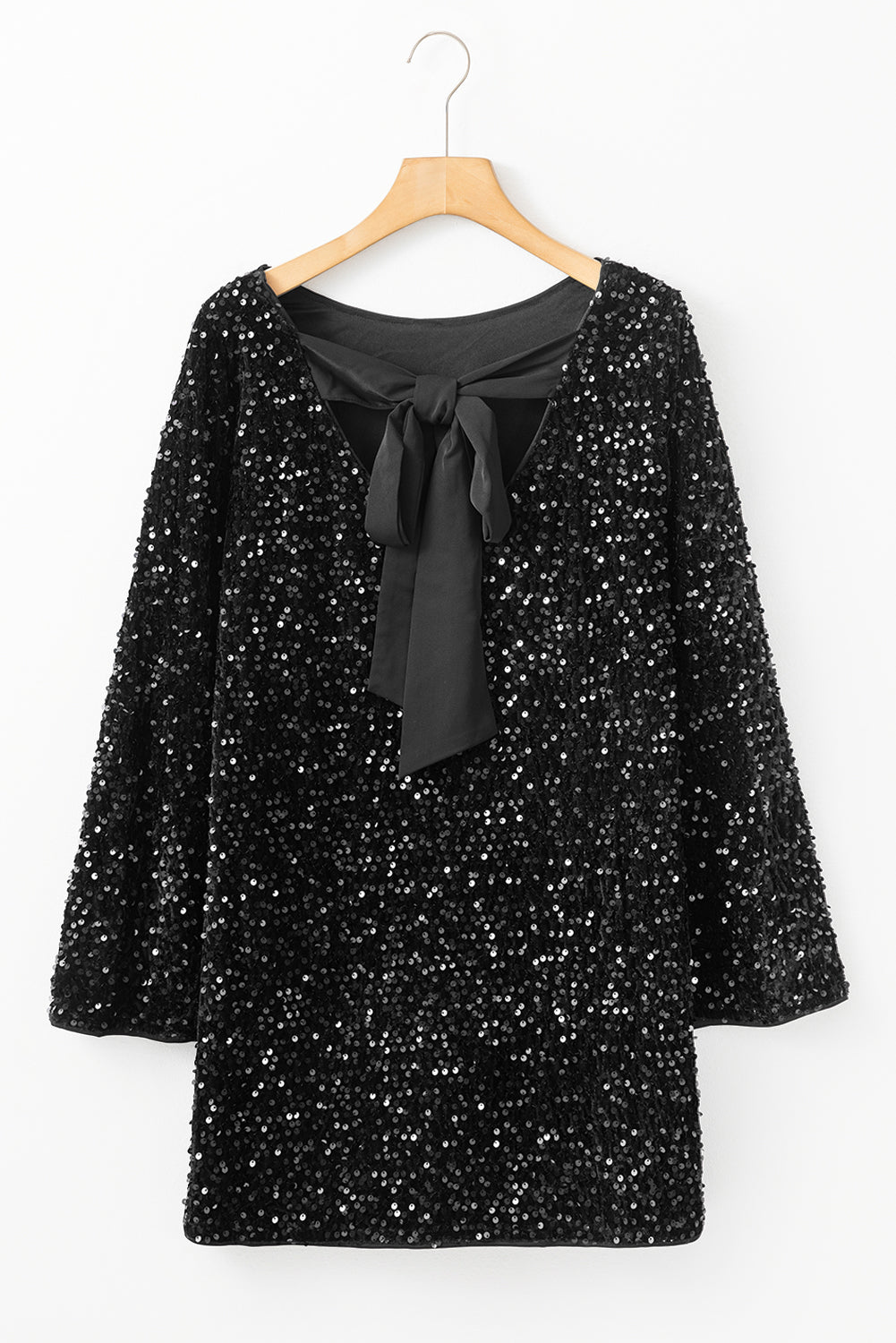 Black Sequin Long Sleeve Knot Cutout Back Mini Dress-Chaelisa's New Jammies