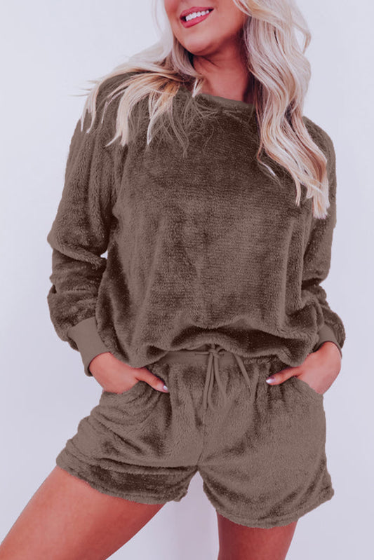 Coffee Solid Loose Fit Two Piece Fleece Lounge Set-Chaelisa's New Jammies
