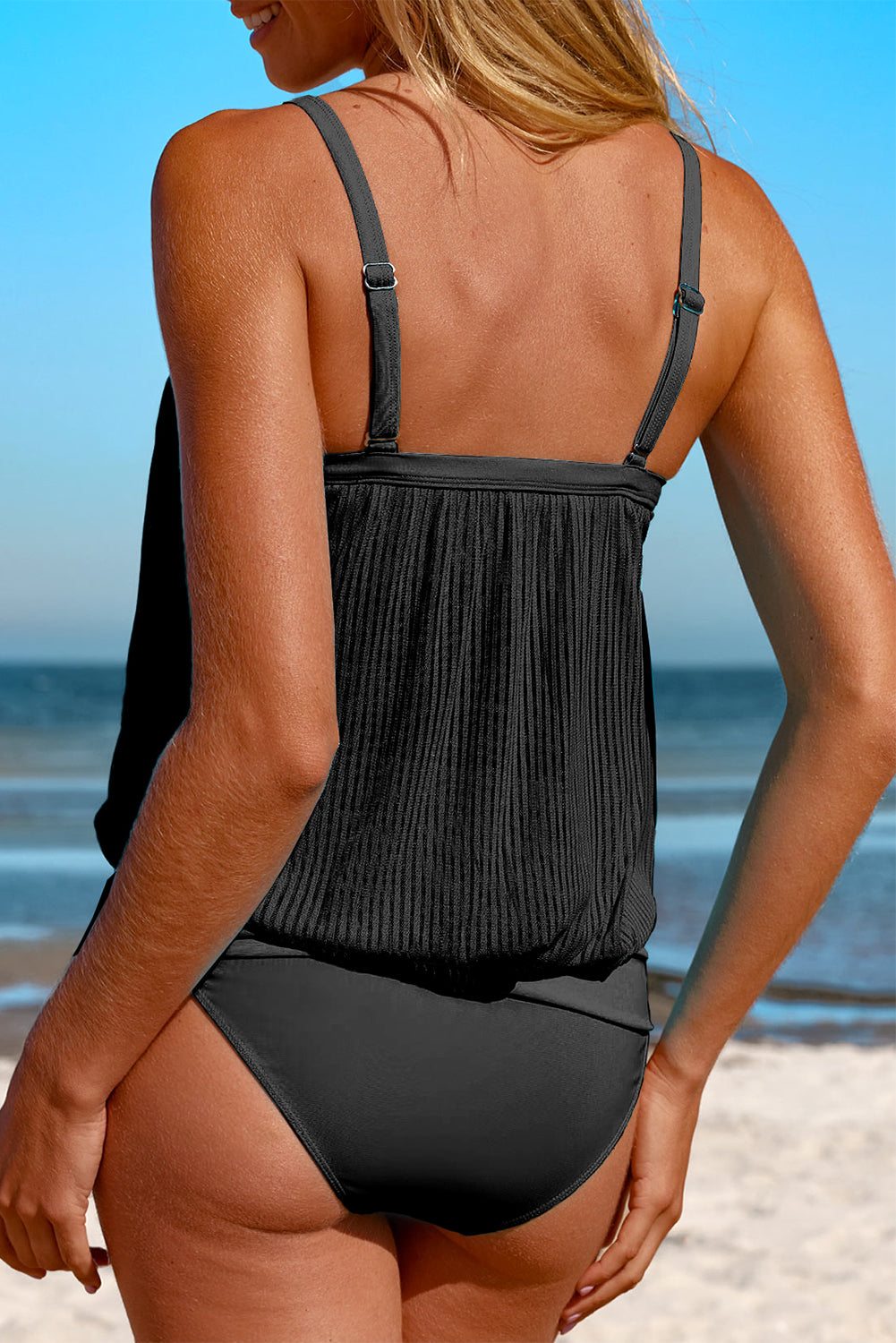 Black Striped Mesh Knotted Hem Tankini Swimsuit-Chaelisa's New Jammies