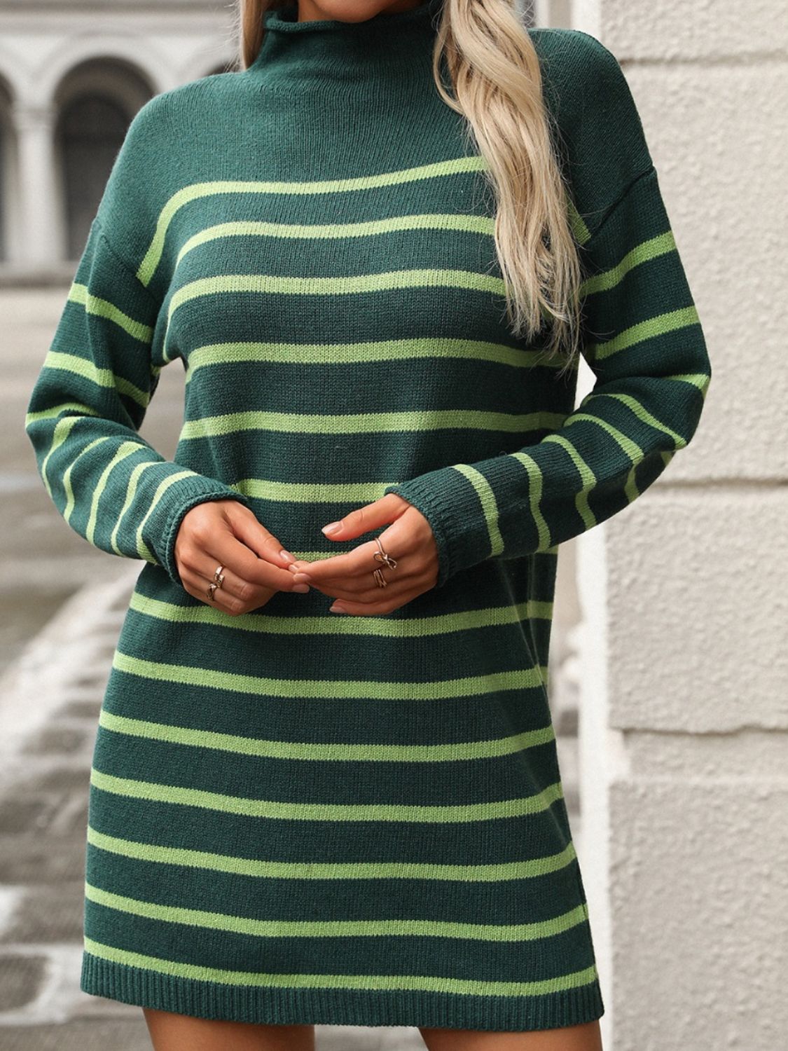 Striped Mock Neck Long Sleeve Mini Dress-Chaelisa's New Jammies