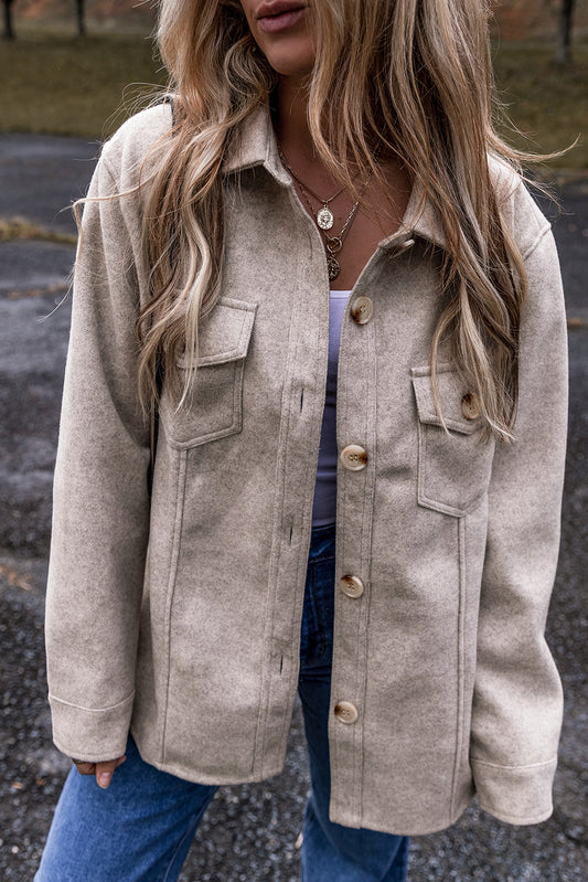Light Grey Turn Down Collar Flap Pockets Buttoned Shacket-Chaelisa's New Jammies