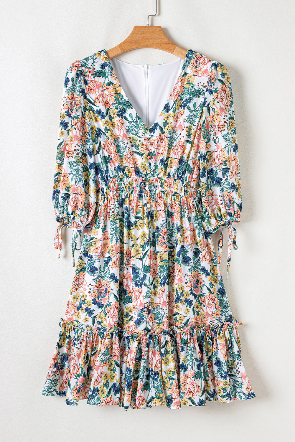 Sky Blue Floral 3/4 Sleeve V Neck High Waist Ruffled Dress-Chaelisa's New Jammies