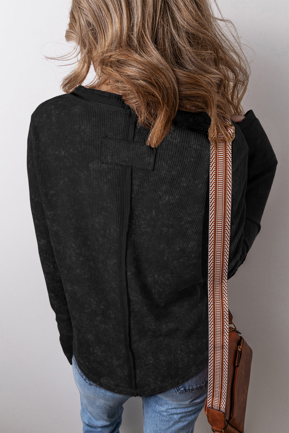 Black Acid Wash Waffle Knit Buttoned Neckline Long Sleeve Top-Chaelisa's New Jammies