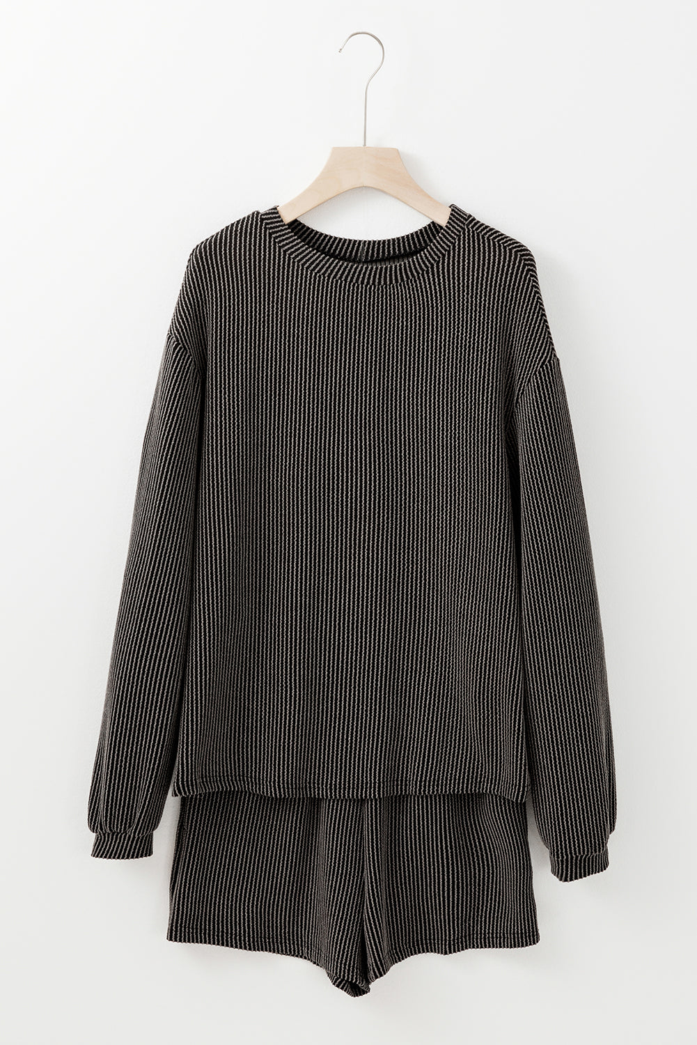 Carbon Grey Corded Knit Long Sleeve Top and High Waist Shorts Set-Chaelisa's New Jammies