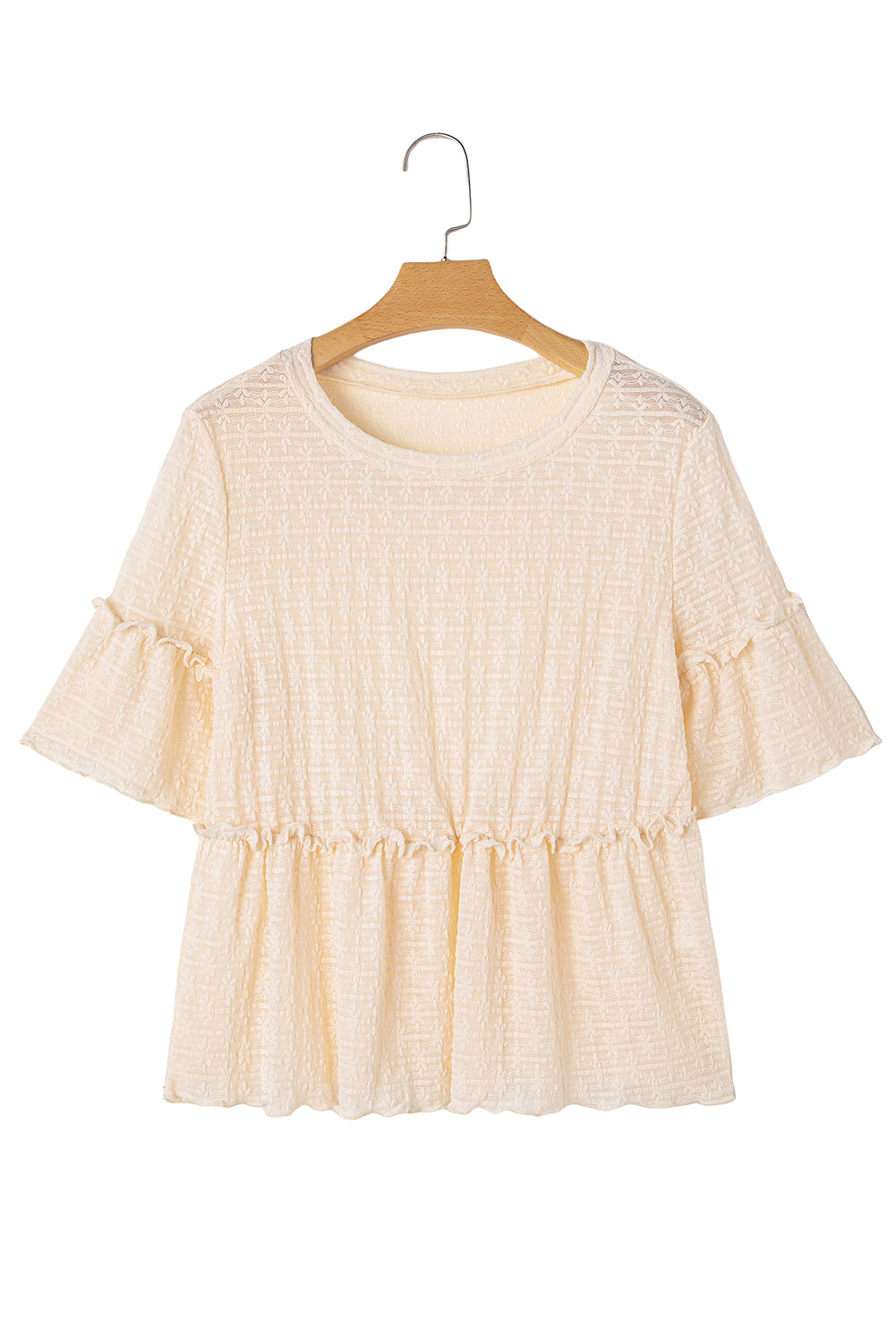 Beige Solid Color Textured Ruffled Short Sleeve Blouse-Chaelisa's New Jammies