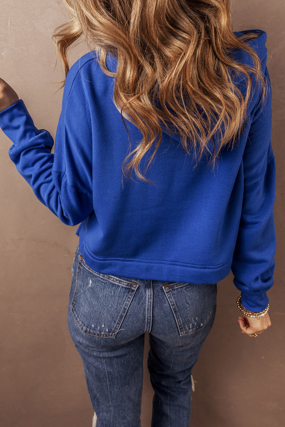 Dark Blue Solid Drop Shoulder Drawstring Cropped Hoodie-Chaelisa's New Jammies
