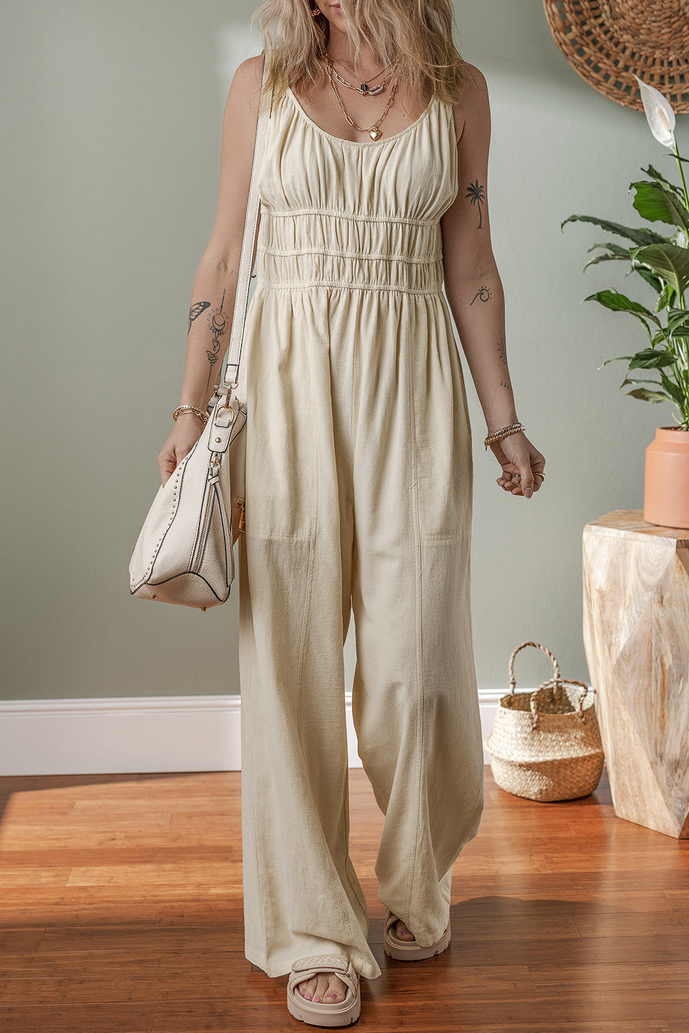 Beige Ruched High Waist Sleeveless Wide Leg Jumpsuit-Chaelisa's New Jammies