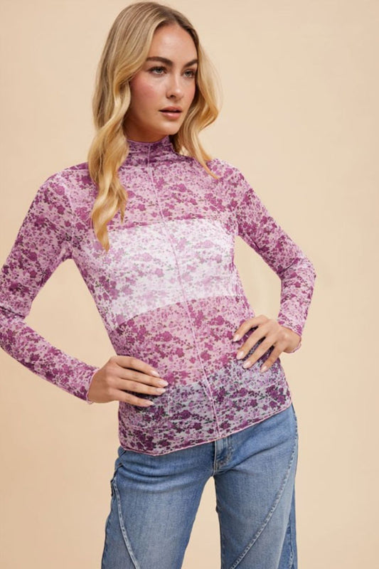Annie Wear Floral Lettuce Hem Sheer Mesh Top-Chaelisa's New Jammies
