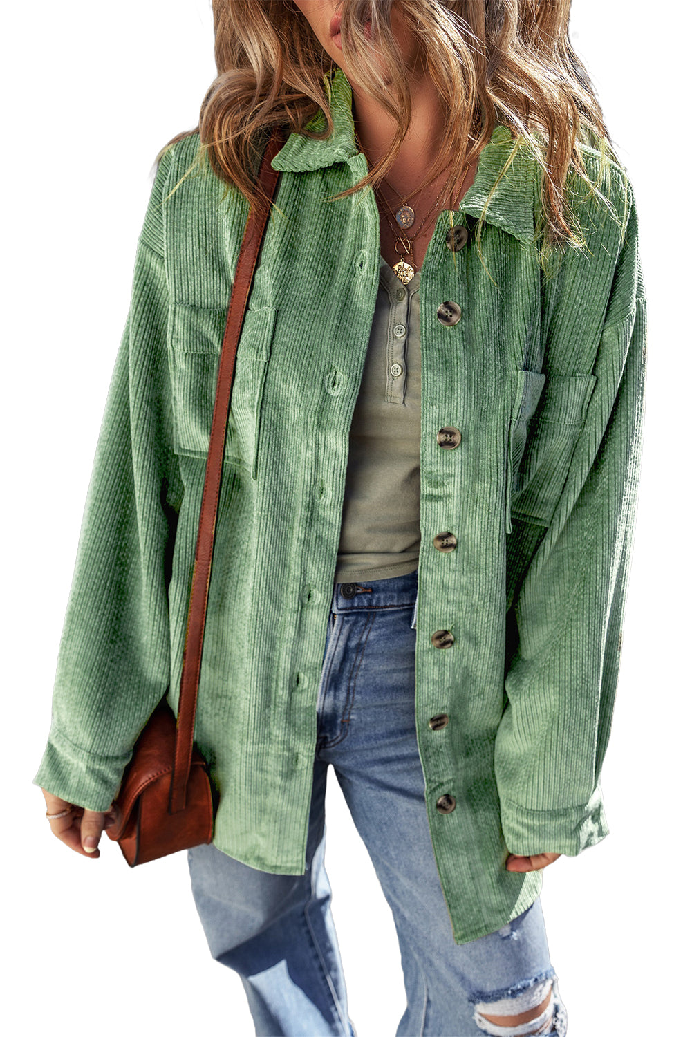 Mist Green Patched Pocket Button Up Corduroy Shacket-Chaelisa's New Jammies