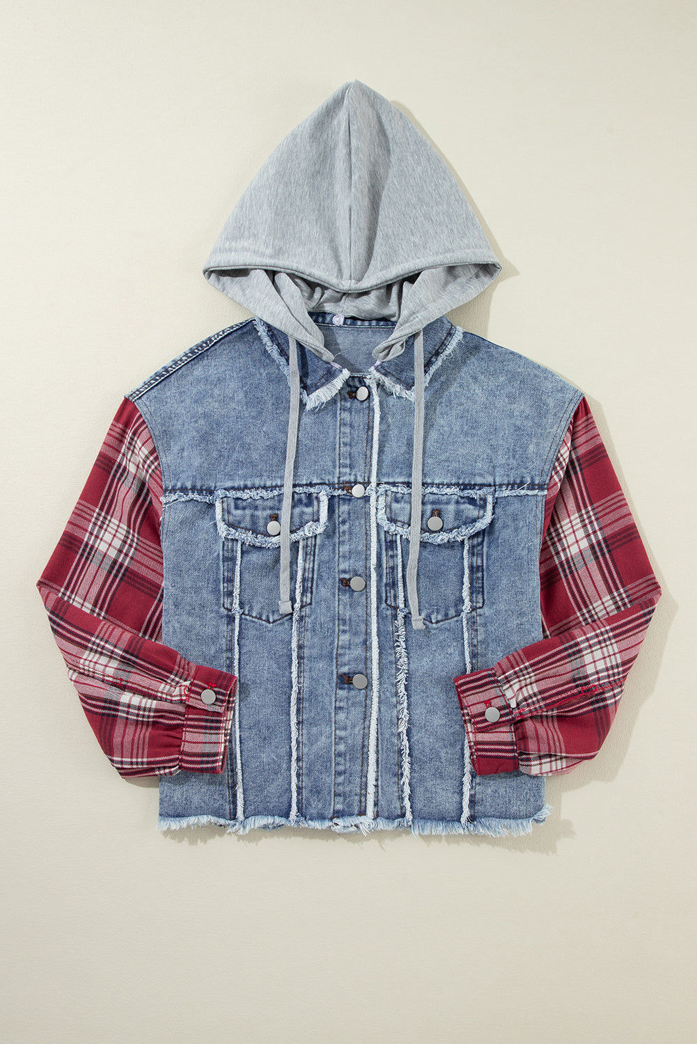 Beau Blue Plaid Print Patchwork Hooded Raw Hem Denim Jacket-Chaelisa's New Jammies