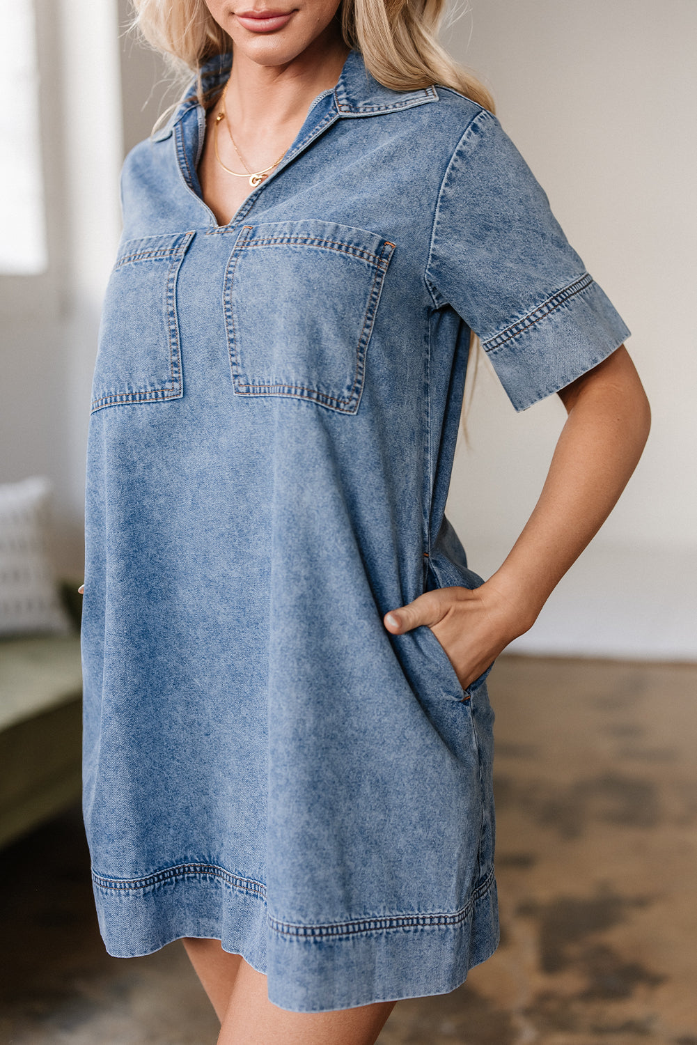 Beau Blue Short Sleeve Collared Patched Pocket Denim Mini Dress-Chaelisa's New Jammies