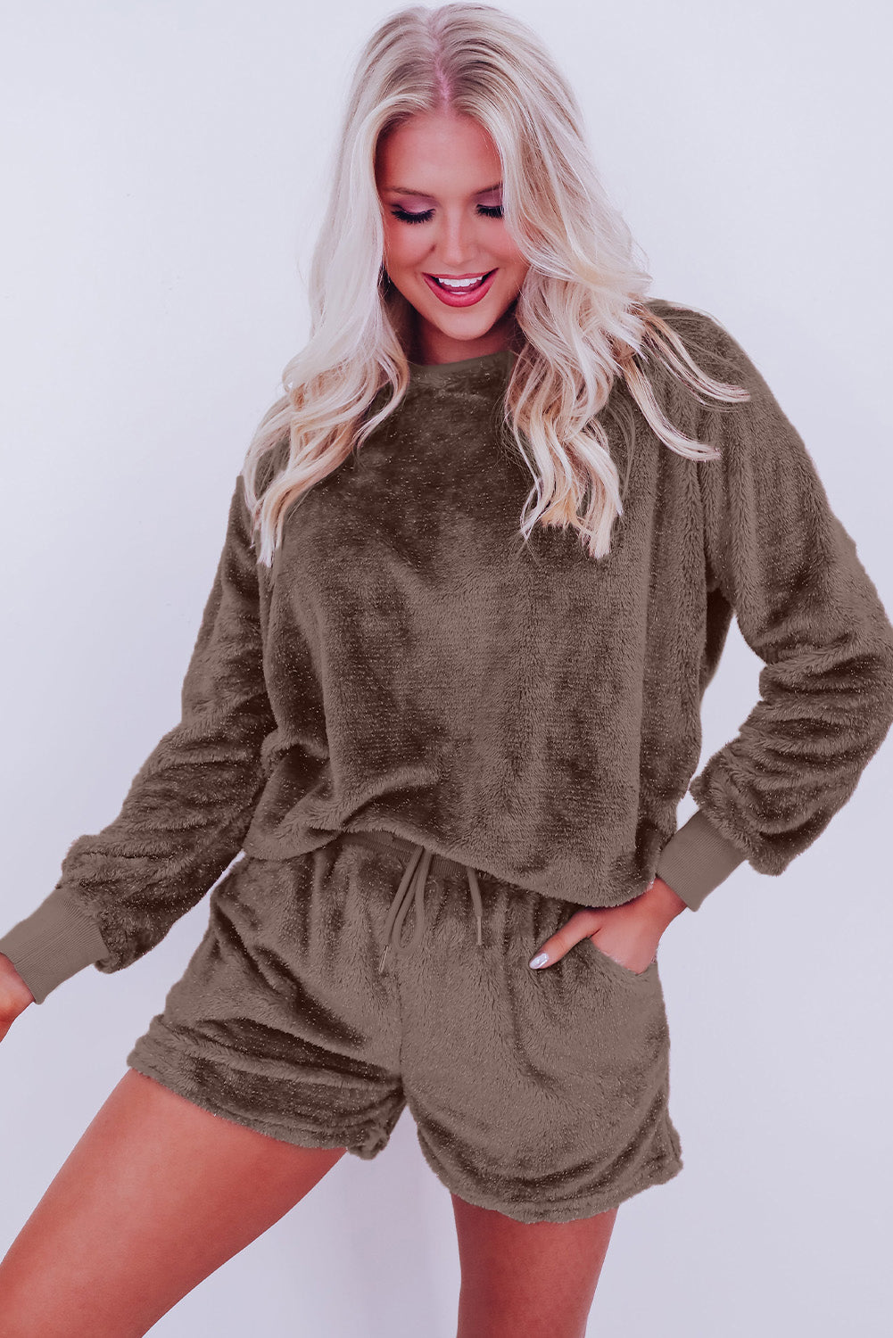 Coffee Solid Loose Fit Two Piece Fleece Lounge Set-Chaelisa's New Jammies