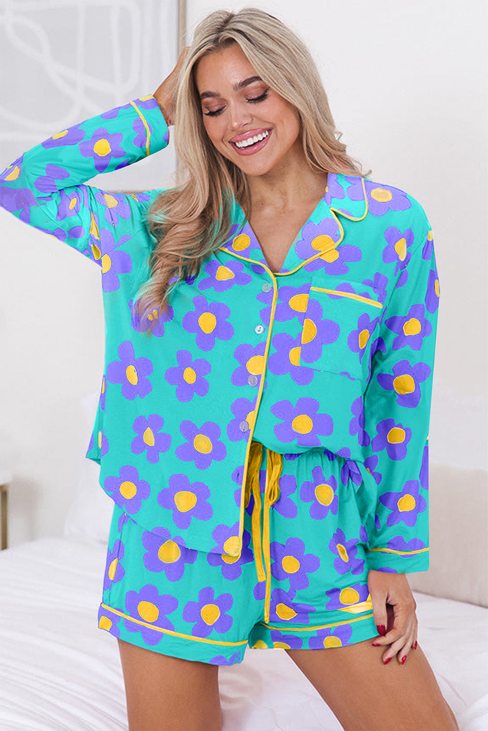 Green Flower Print Long Sleeve Shirt Shorts Pajamas Set-Chaelisa's New Jammies