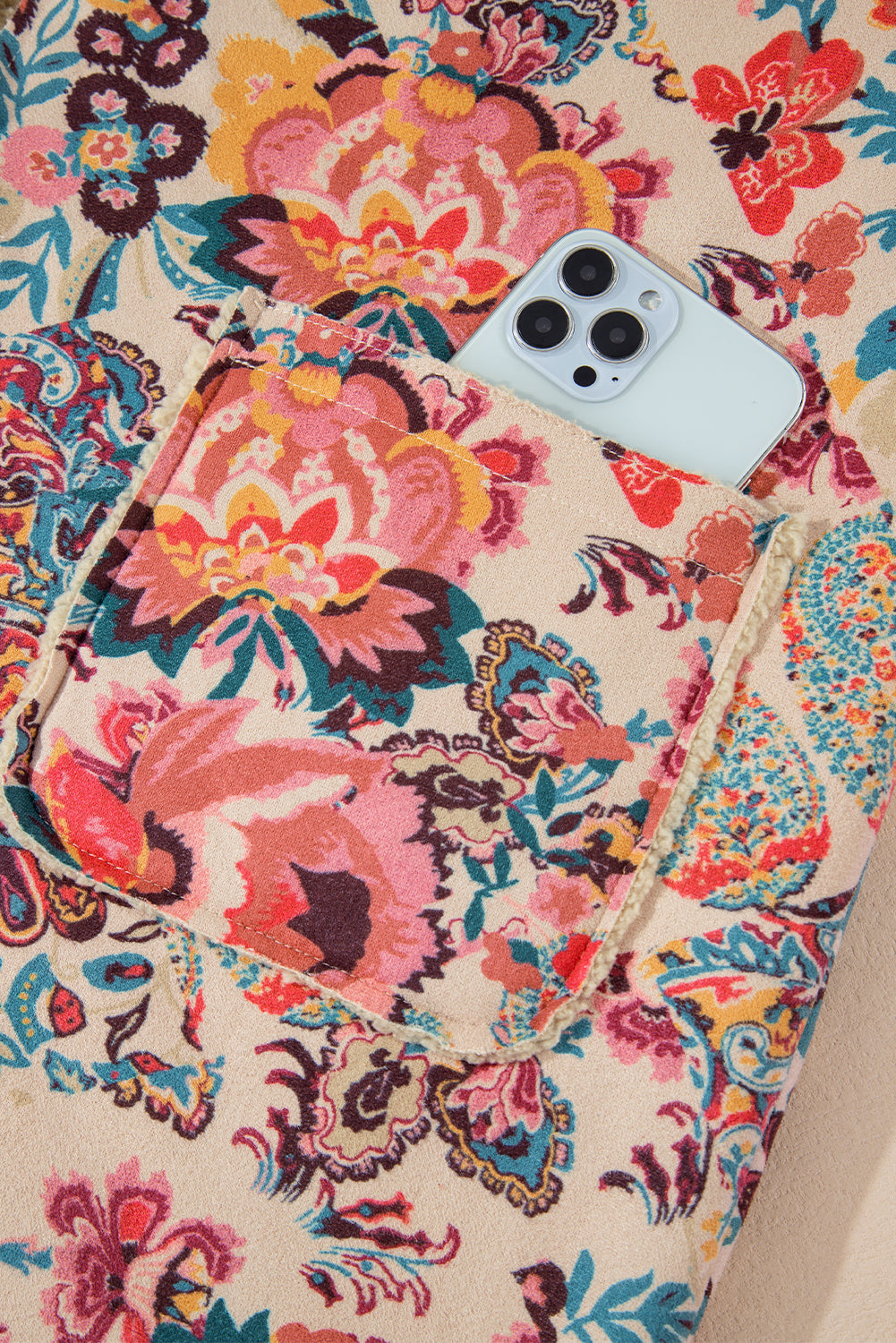 Beige Vintage Paisley Floral Printed Sherpa Lined Hooded Jacket-Chaelisa's New Jammies