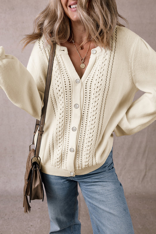 Apricot Pleated Sleeve Hollow Detail Button Sweater Cardigan-Chaelisa's New Jammies