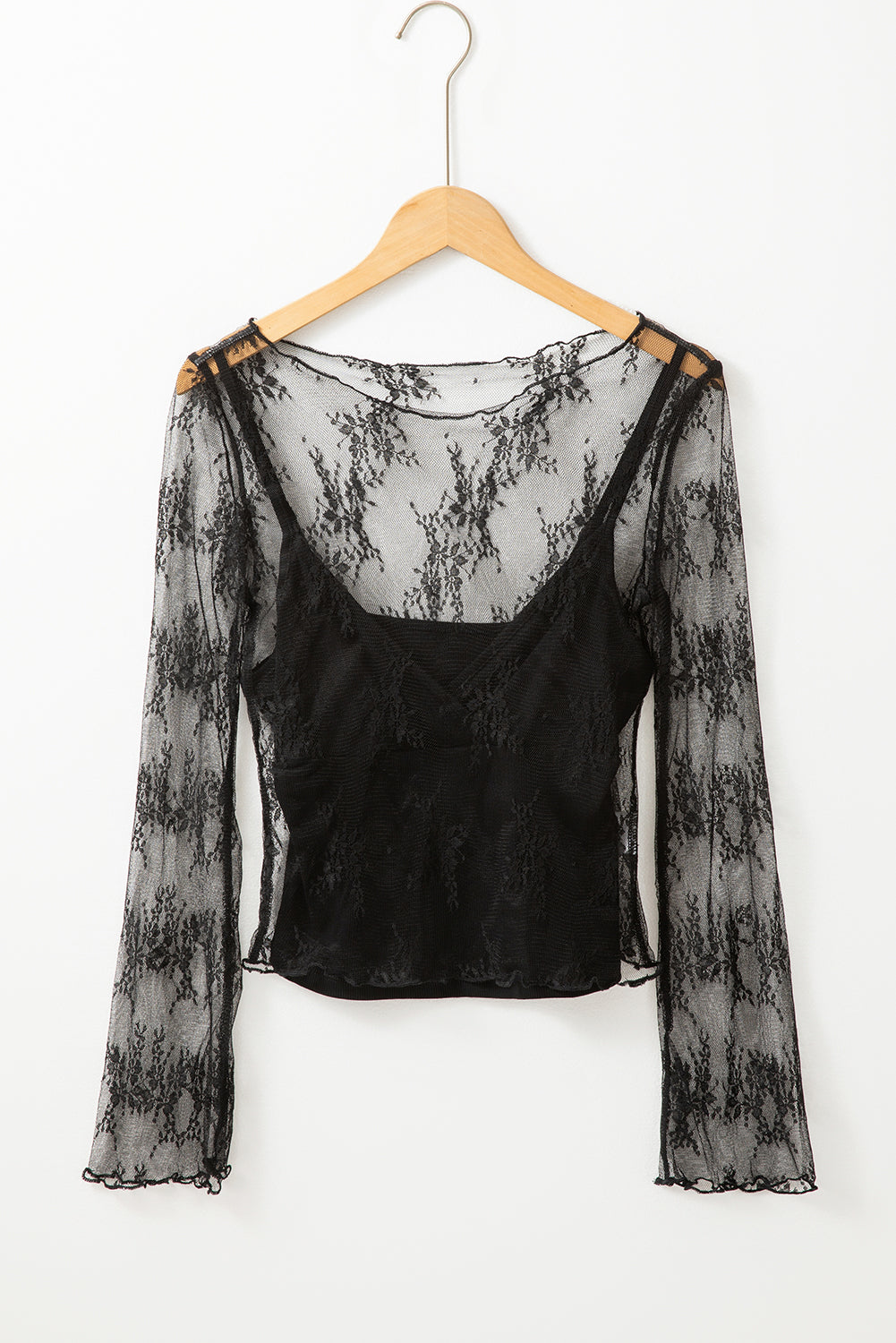 Black Lace Mesh Crochet Splicing Slim Fit Long Sleeve Blouse-Chaelisa's New Jammies