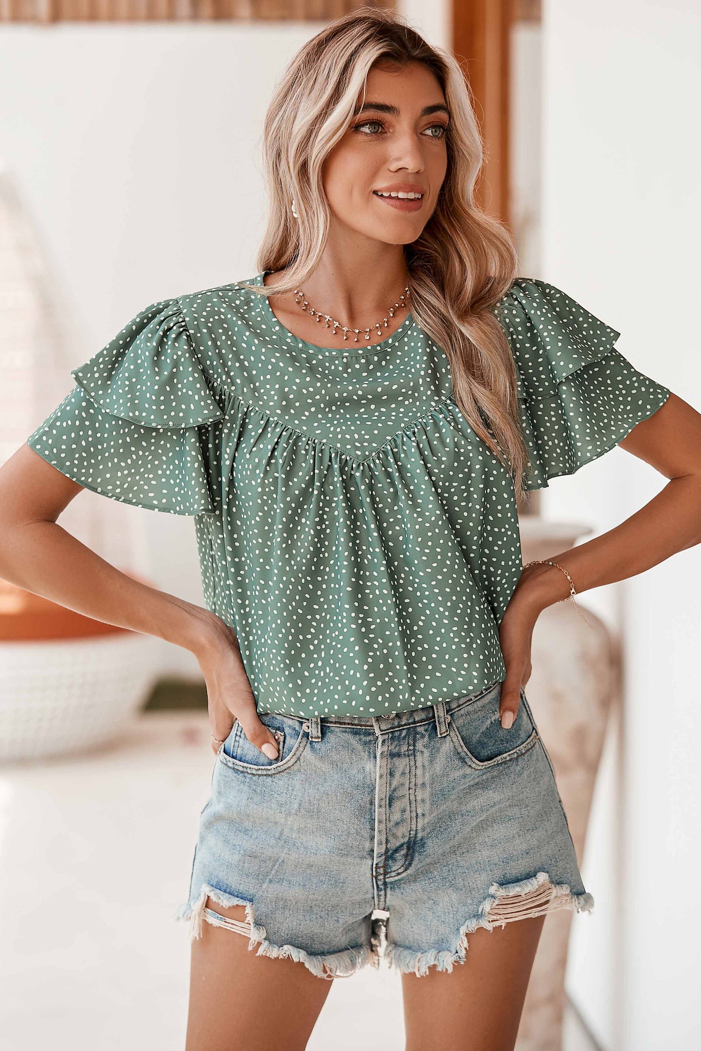 Laurel Green Spotted Print Pleated Ruffle Sleeve Blouse-Chaelisa's New Jammies
