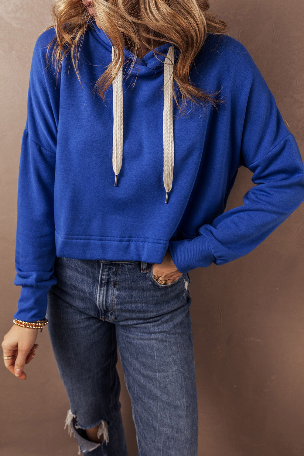 Dark Blue Solid Drop Shoulder Drawstring Cropped Hoodie-Chaelisa's New Jammies