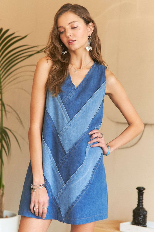 ADORA Chevron Color Block V-Neck Denim Dress-Chaelisa's New Jammies