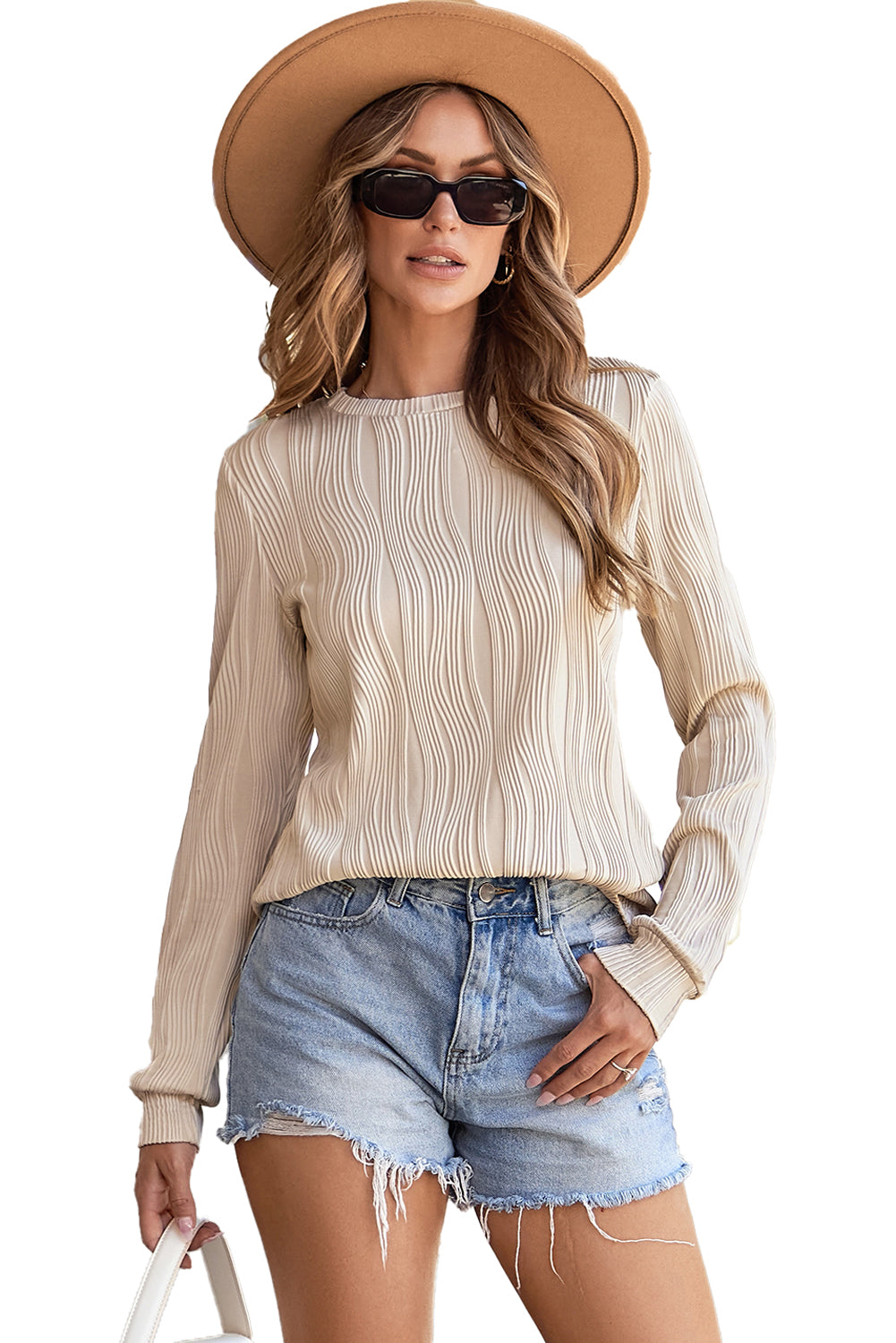 Apricot Textured Wavy Round Neck Long Sleeve Top-Chaelisa's New Jammies