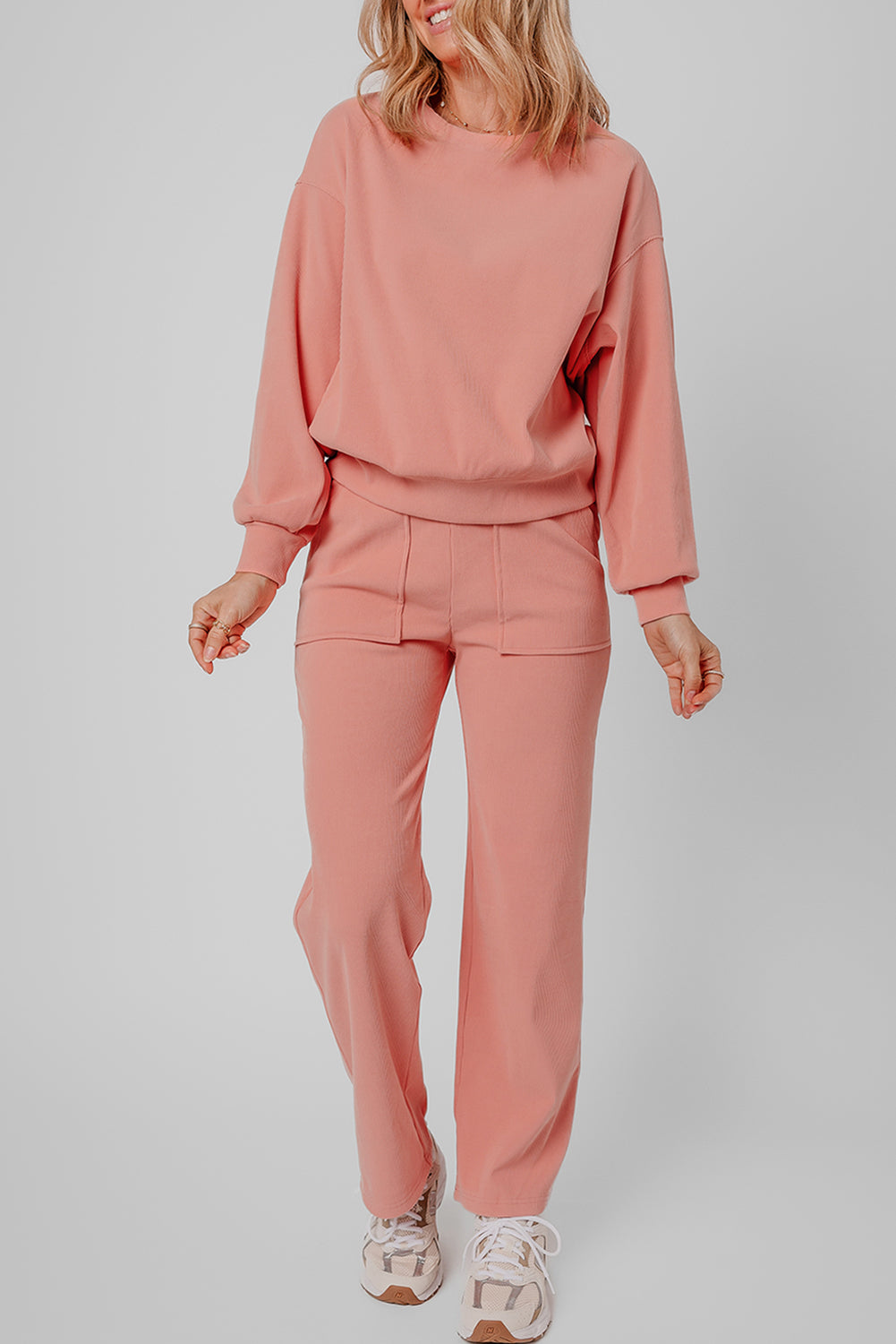 Blossom Ribbed Knit Drop Shoulder Pocketed Two Piece Lounge Set-Chaelisa's New Jammies