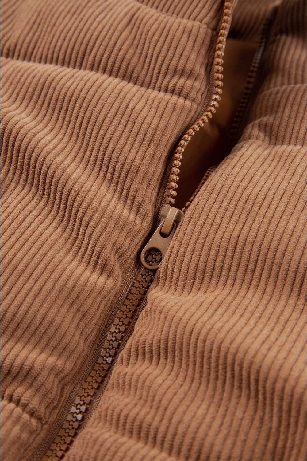 Coffee Corduroy Stand Neck Zipped Puffer Vest-Chaelisa's New Jammies