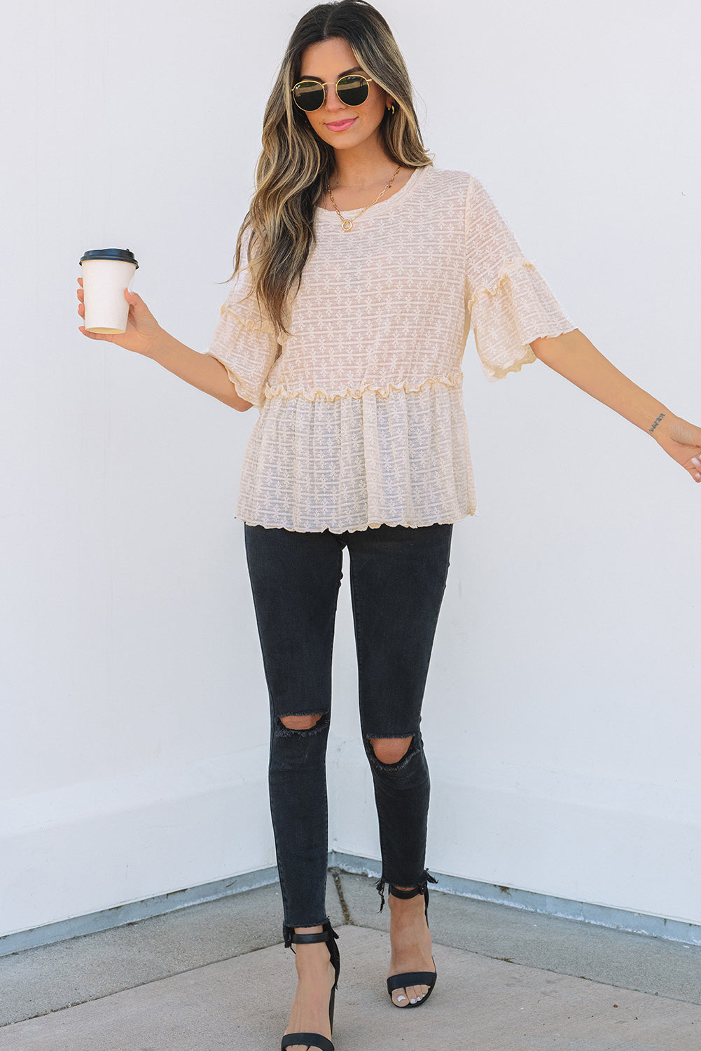 Beige Solid Color Textured Ruffled Short Sleeve Blouse-Chaelisa's New Jammies
