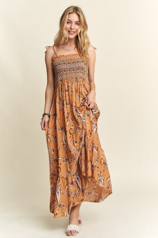 ADORA Smocked Printed Square Neck Tie Shoulder Cami Dress-Chaelisa's New Jammies