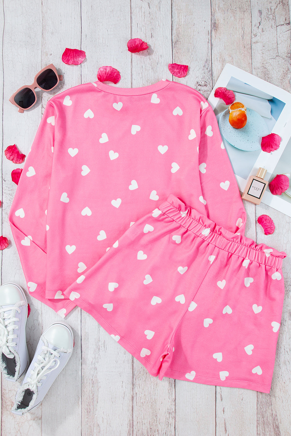 Pink Valentine Heart Print Long Sleeve Tee and Shorts Lounge Set-Chaelisa's New Jammies