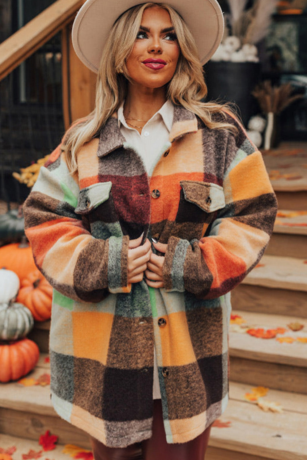 Orange Plaid Print Flap Pocket Long Jacket-Chaelisa's New Jammies