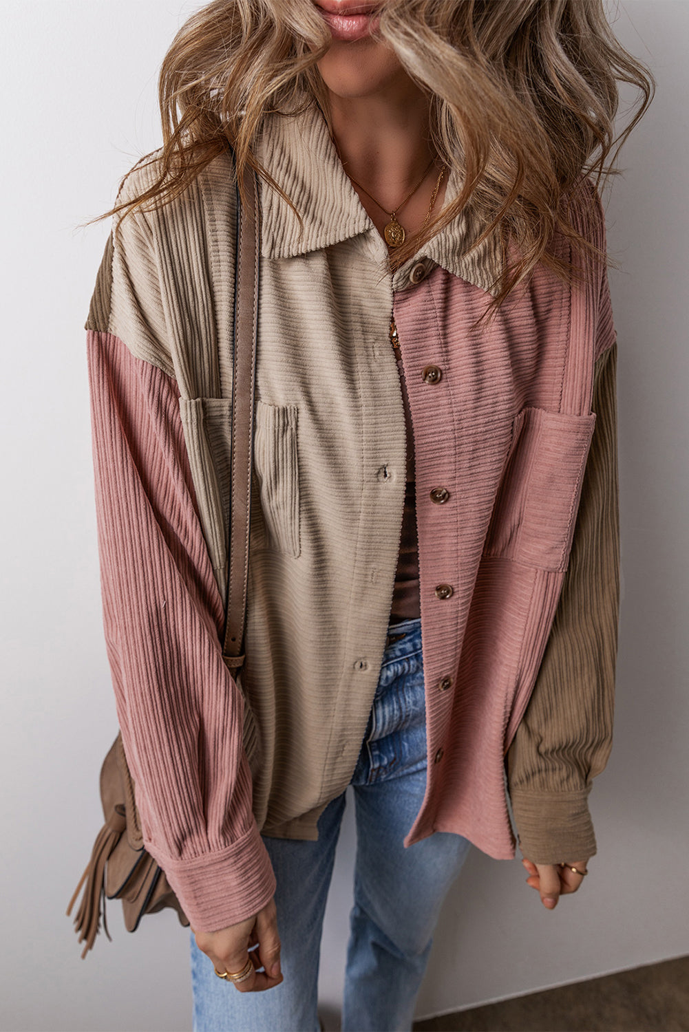 Mineral Red Color Block Chest Pockets Buttoned Corduroy Shacket-Chaelisa's New Jammies
